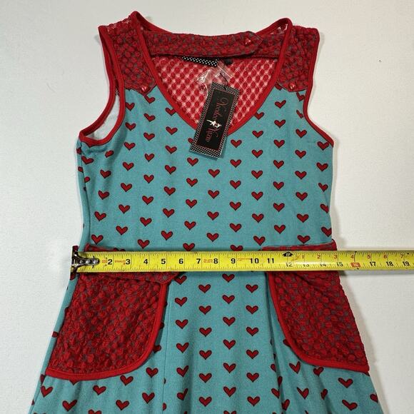 Voodoo Vixen XL NWT Aqua Red Heart Print Retro Pinup Dress Pockets - Picture 10 of 12